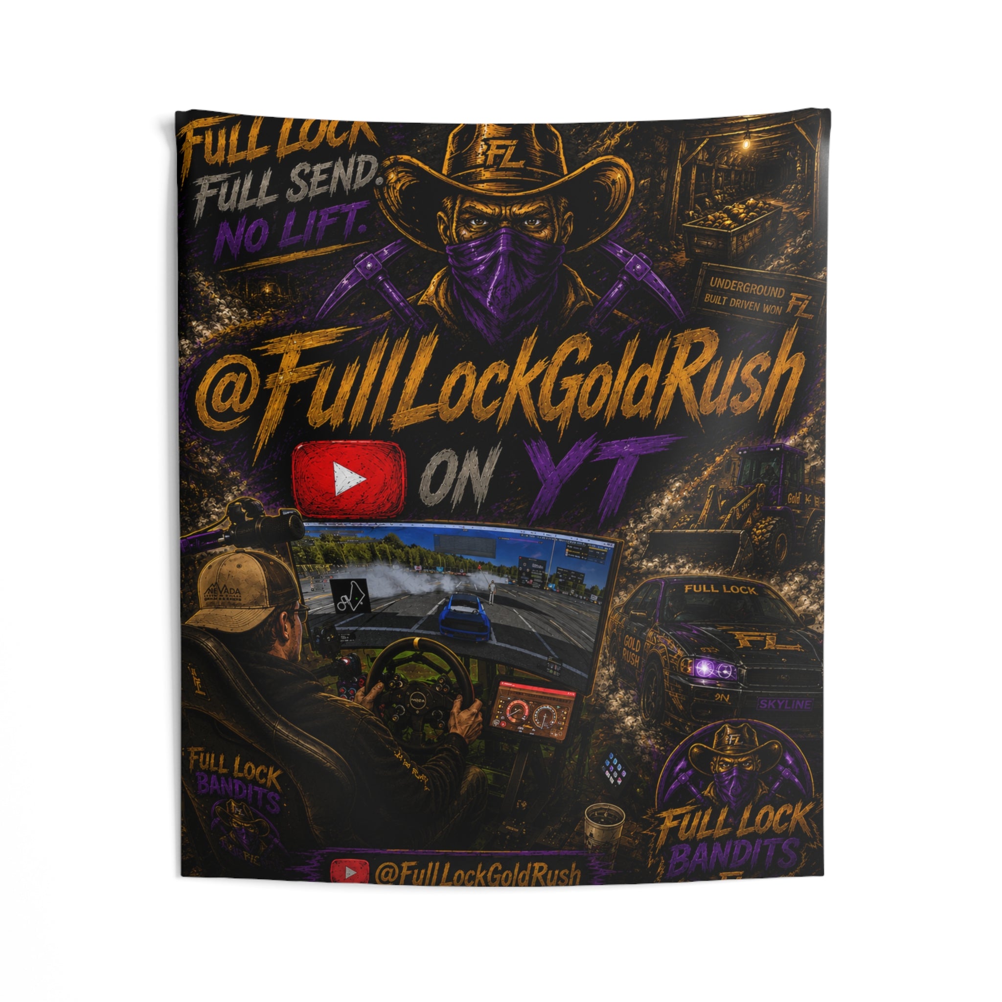 FullLockGoldRush YouTuber Wall Tapestry – Gaming Streamer Logo & Racing Setup Decor