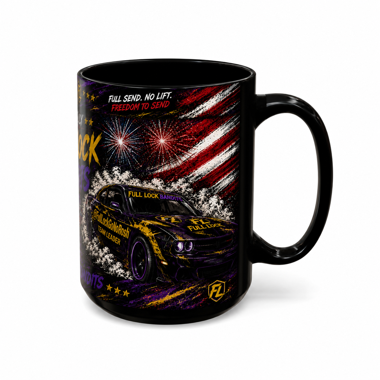 Full Lock Bandits 4th of July Drift Mug – Patriotic Muscle Car Coffee Cup | Full Send No Lift Racing Mug | Black Ceramic Drift Culture Mug