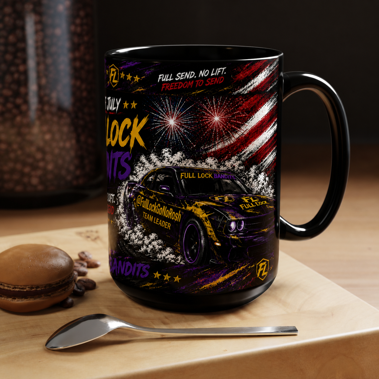 Full Lock Bandits 4th of July Drift Mug – Patriotic Muscle Car Coffee Cup | Full Send No Lift Racing Mug | Black Ceramic Drift Culture Mug