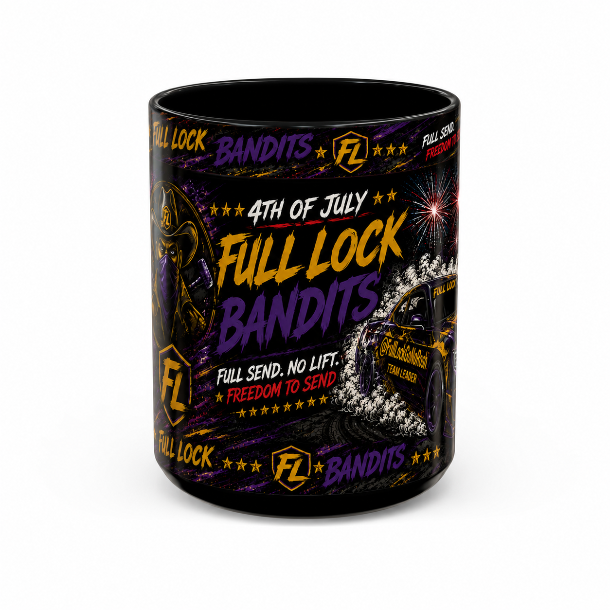 Full Lock Bandits 4th of July Drift Mug – Patriotic Muscle Car Coffee Cup | Full Send No Lift Racing Mug | Black Ceramic Drift Culture Mug
