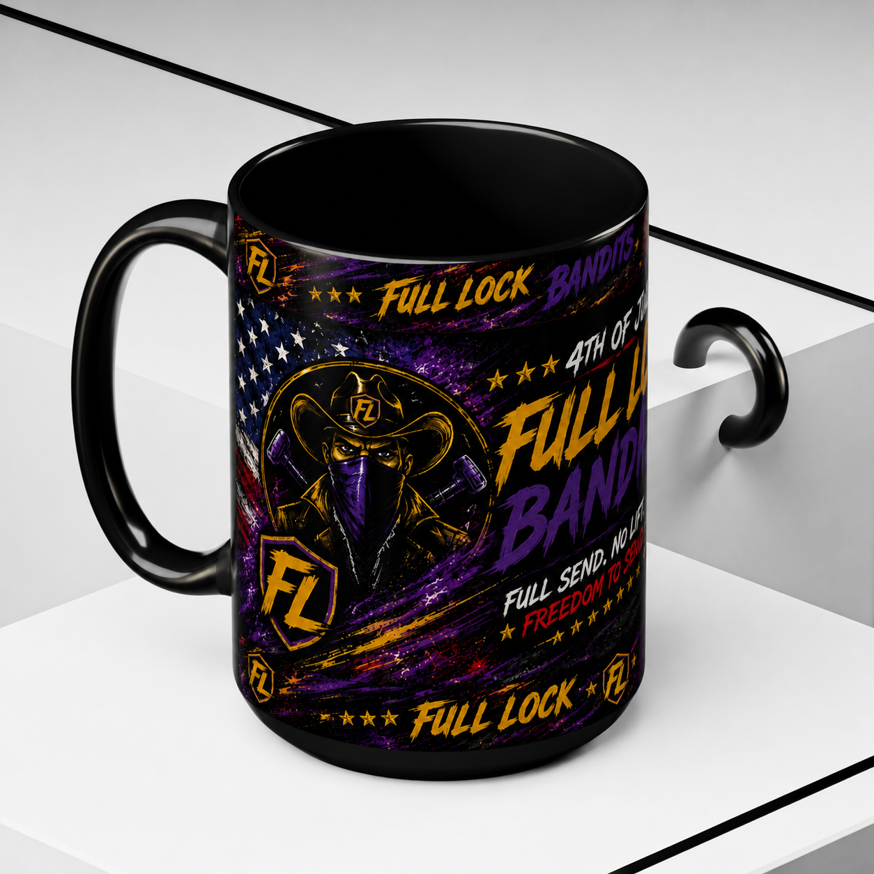 Full Lock Bandits 4th of July Drift Mug – Patriotic Muscle Car Coffee Cup | Full Send No Lift Racing Mug | Black Ceramic Drift Culture Mug