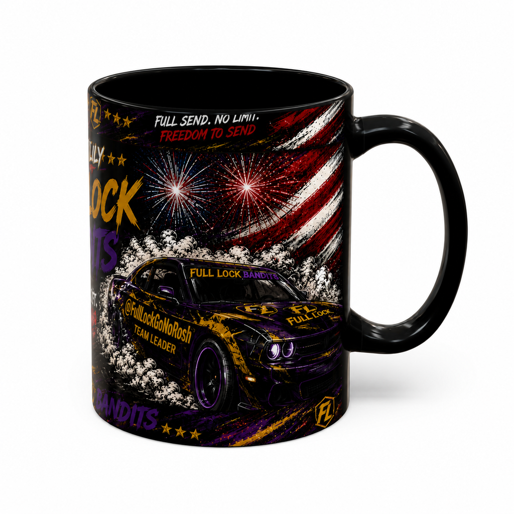 Full Lock Bandits 4th of July Drift Mug – Patriotic Muscle Car Coffee Cup | Full Send No Lift Racing Mug | Black Ceramic Drift Culture Mug