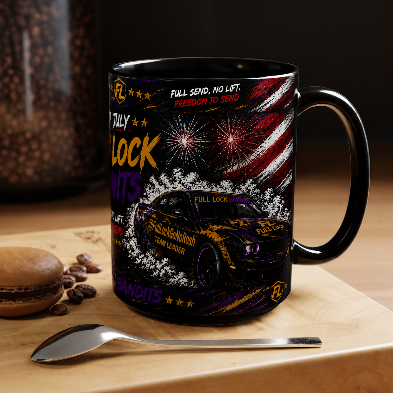 Full Lock Bandits 4th of July Drift Mug – Patriotic Muscle Car Coffee Cup | Full Send No Lift Racing Mug | Black Ceramic Drift Culture Mug