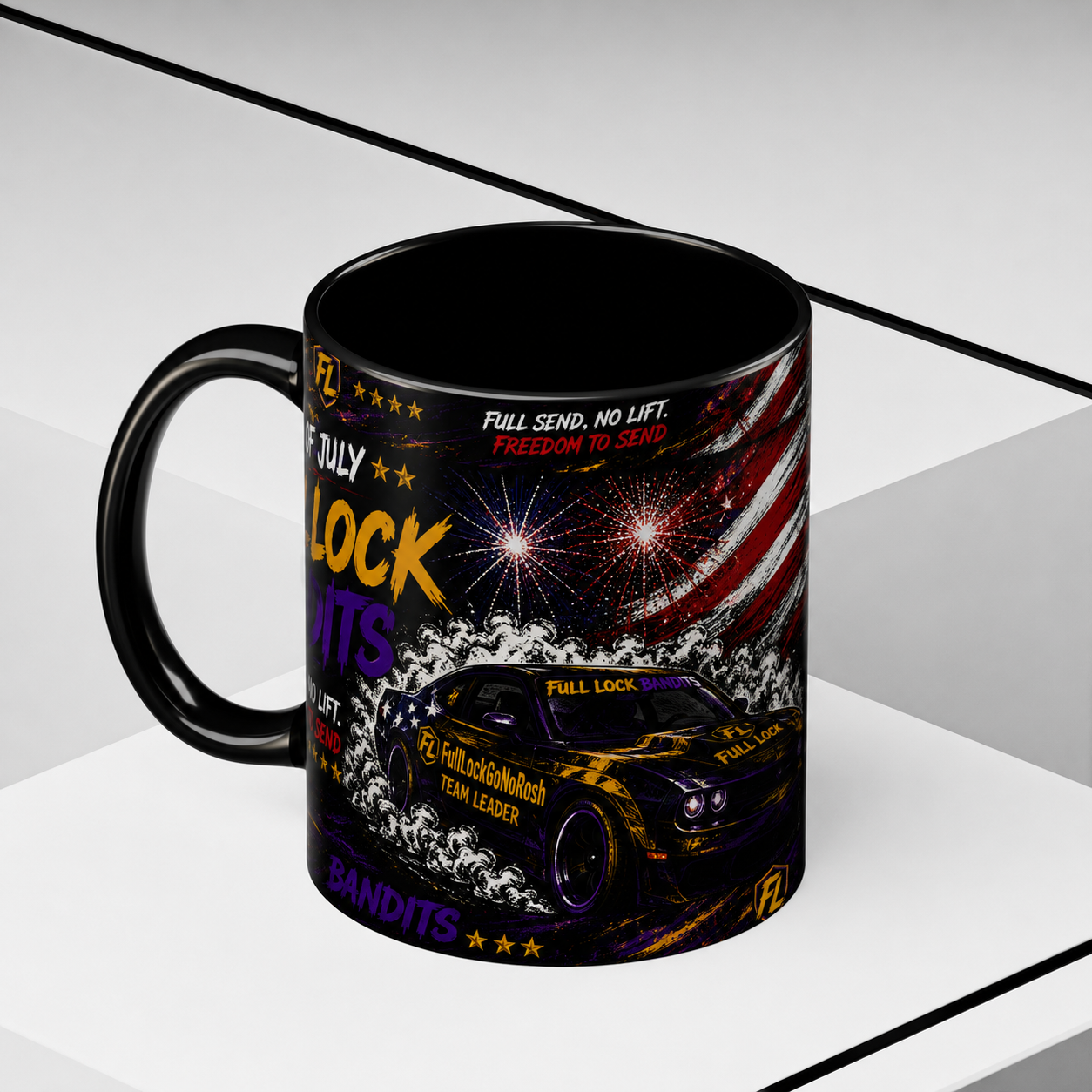 Full Lock Bandits 4th of July Drift Mug – Patriotic Muscle Car Coffee Cup | Full Send No Lift Racing Mug | Black Ceramic Drift Culture Mug